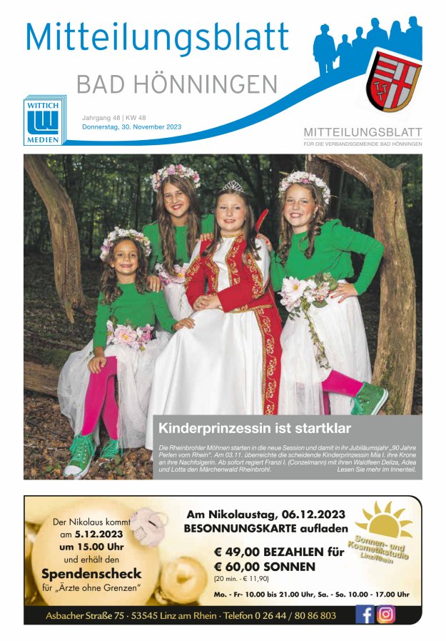 Mitteilungsblatt für den Bereich der Verbandsgemeinde Bad Hönningen Titelblatt 48/2023