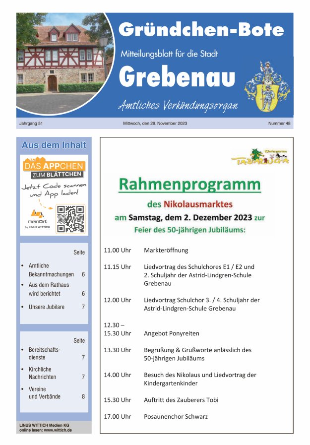 Grebenau - Gründchen Bote - Mitteilungsblatt für die Stadt Grebenau Titelblatt 48/2023