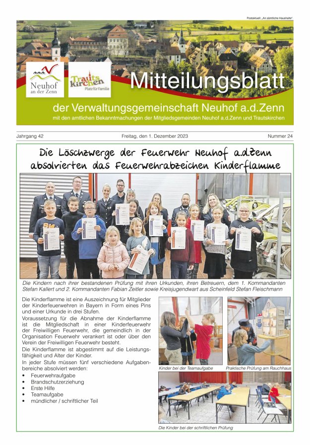 Mitteilungsblatt der Verwaltungsgemeinschaft Neuhof an der Zenn mit den amtlichen Bekanntmachungen der Mitgliedsgemeinden Neuhof an der Zenn und Trautskirchen Titelblatt 24/2023