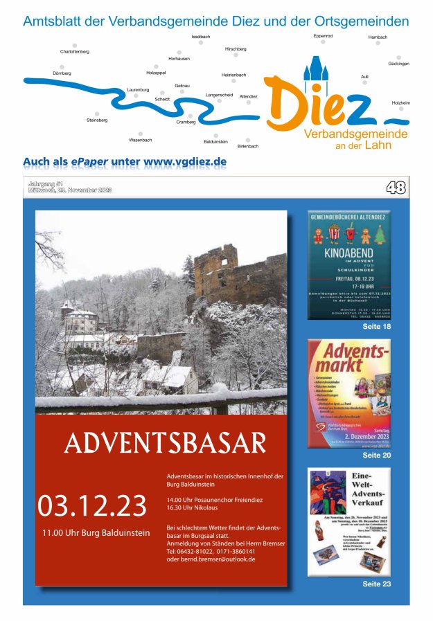 Mitteilungsblatt der Verbandsgemeinde Diez und der Ortsgemeinden Titelblatt 48/2023