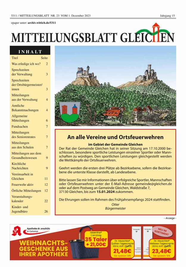 Mitteilungsblatt Gleichen Titelblatt 23/2023