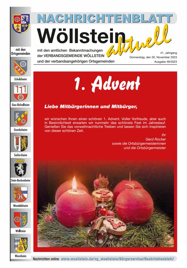 Nachrichtenblatt Wöllstein aktuell Titelblatt 48/2023