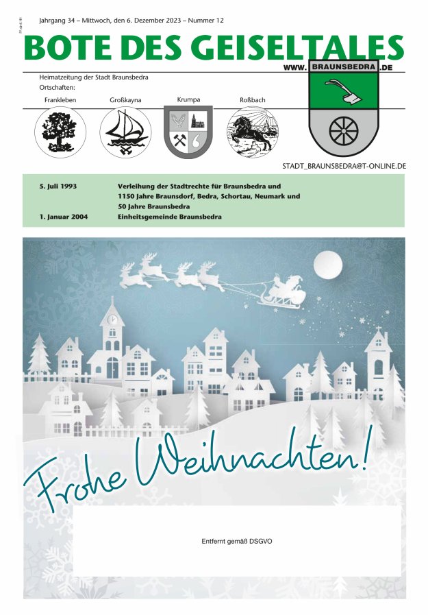 Bote des Geiseltales - Heimatzeitung der Stadt Braunsbedra Titelblatt 12/2023