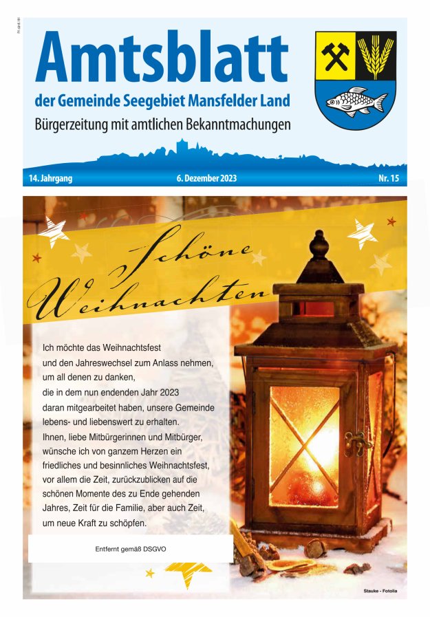 Amtsblatt der Gemeinde Seegebiet Mansfelder Land Titelblatt 15/2023