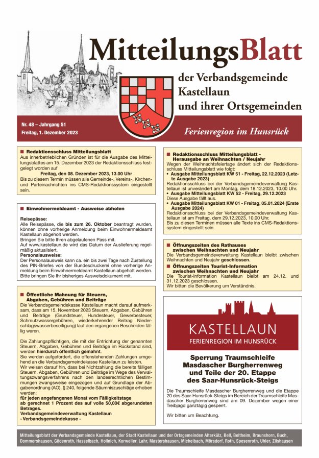 Mitteilungsblatt Kastellaun Titelblatt 48/2023