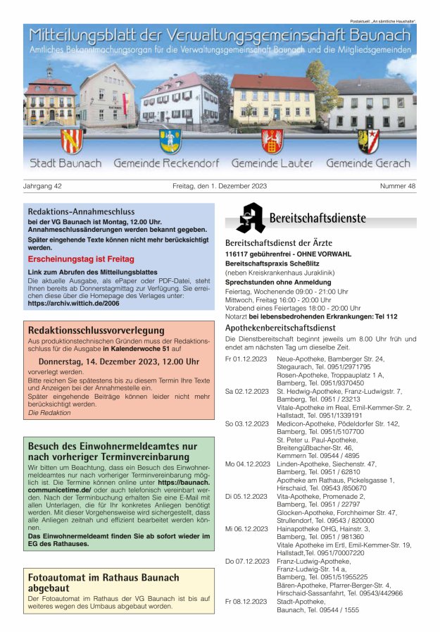 Mitteilungsblatt Verwaltungsgemeinschaft Baunach Titelblatt 48/2023