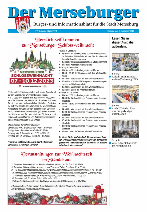 Der Merseburger - Bürger- und Informationsblatt für die Stadt Merseburg Titelblatt 12/2023