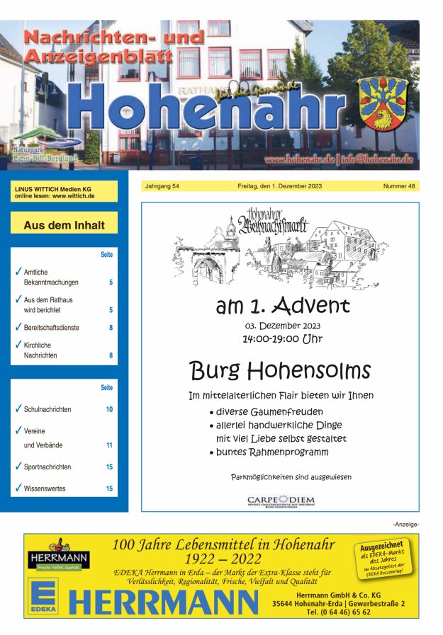 Nachrichten- und Anzeigenblatt für die Gemeinde Hohenahr Titelblatt 48/2023