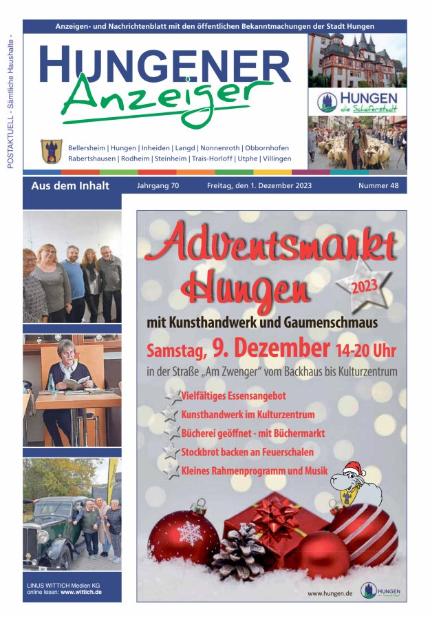 Anzeigen- und Nachrichtenblatt mit den öff  Bekanntmachungen der Stadt Hungen Titelblatt 48/2023