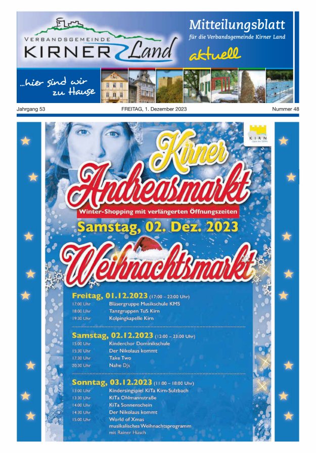 Mitteilungsblatt für den Bereich der Verbandsgemeinde Kirner Land Titelblatt 48/2023