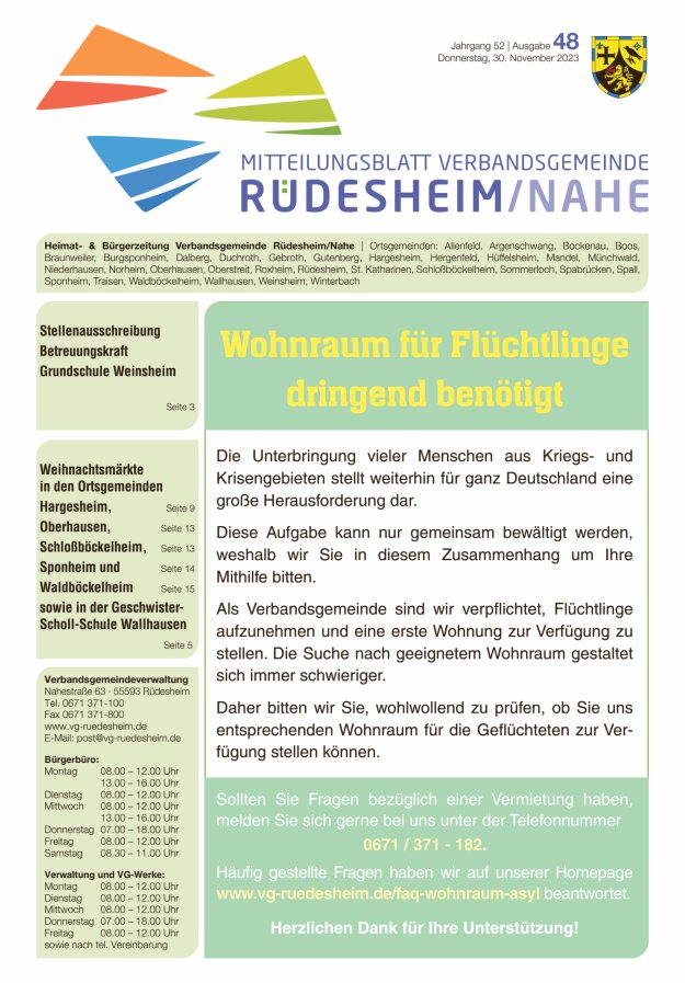 Mitteilungsblatt Verbandsgemeinde Rüdesheim und zugehörige Ortsgemeinden Titelblatt 48/2023