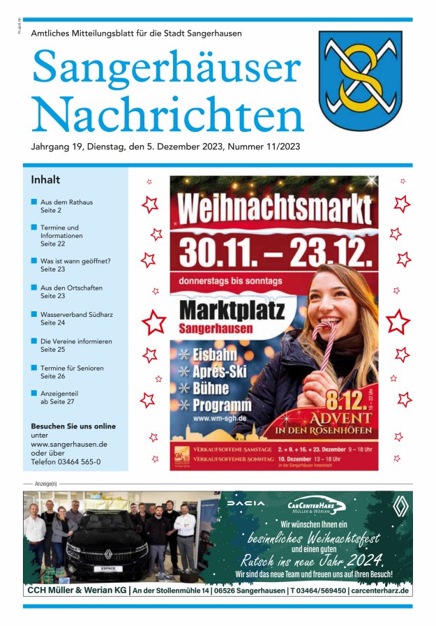 Sangerhäuser Nachrichten – Amtliches Mitteilungsblatt für die Stadt Sangerhausen Titelblatt 11/2023
