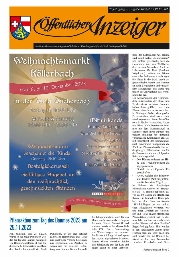 Öffentlicher Anzeiger - Stadt Püttlingen Titelblatt 48/2023