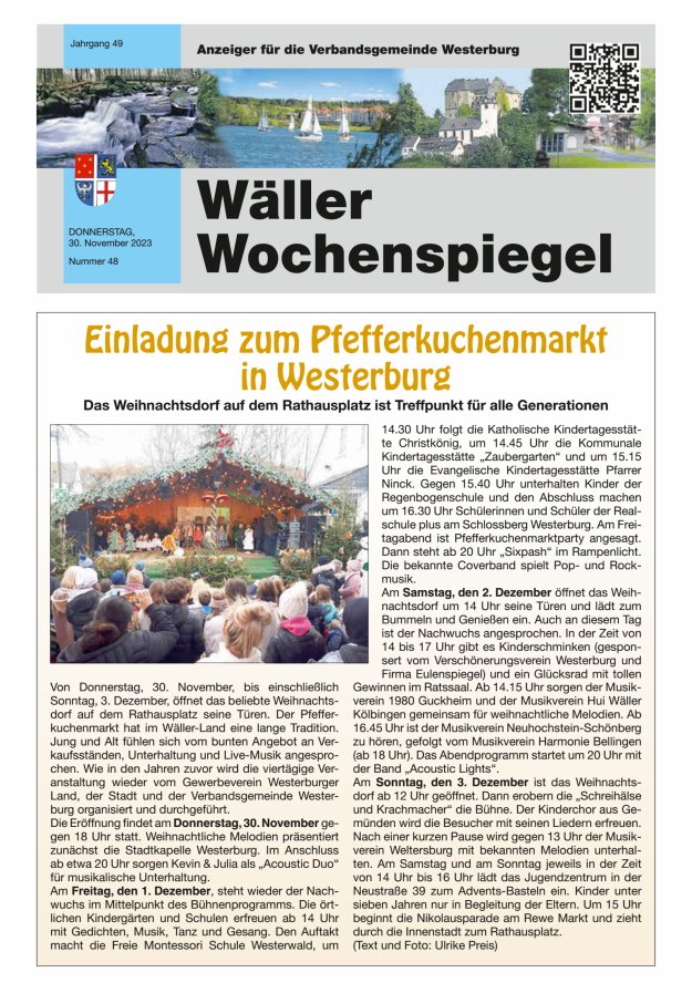 Wäller Wochenspiegel - Anzeiger für die Verbandsgemeinde Westerburg Titelblatt 48/2023