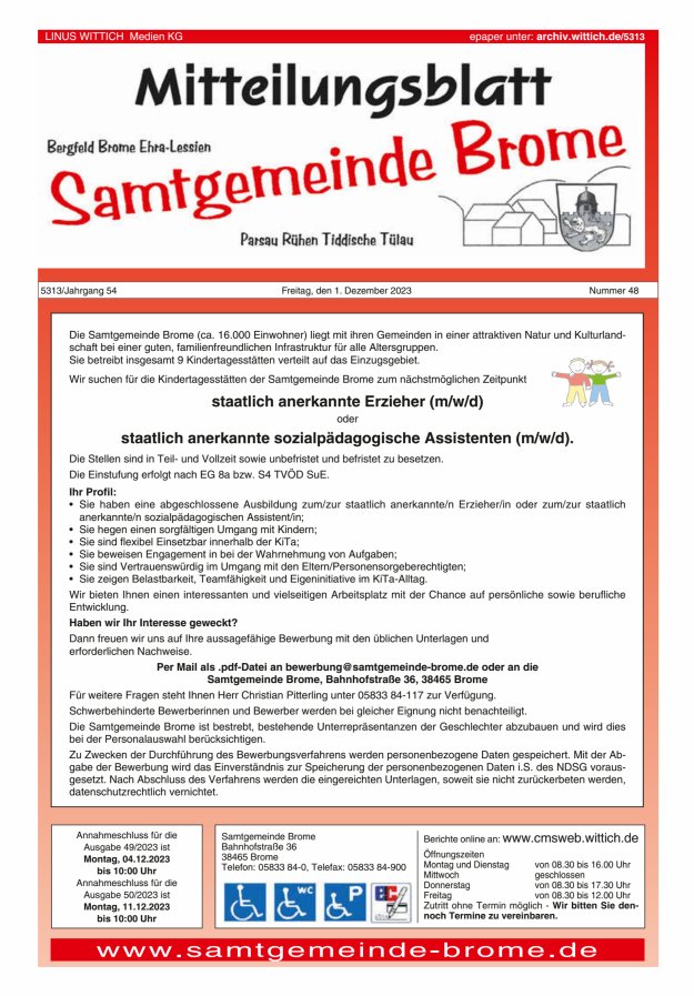 Mitteilungsblatt der Samtgemeinde Brome Titelblatt 48/2023