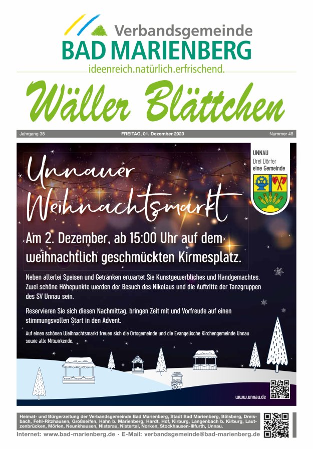 Wäller Blättchen - Verbandsgemeinde Bad Marienberg Titelblatt 48/2023