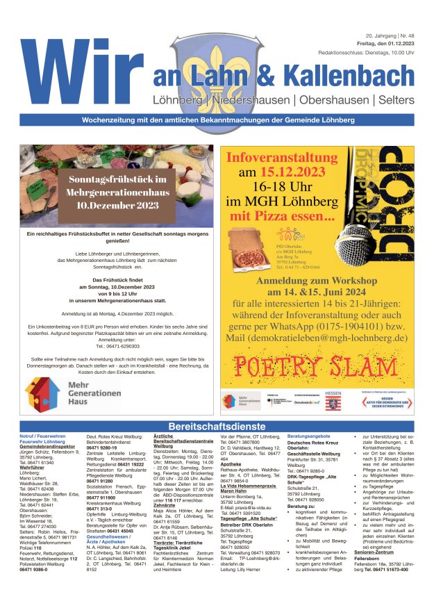 Amtliches Mitteilungsblatt der Gemeinde Löhnberg Titelblatt 48/2023