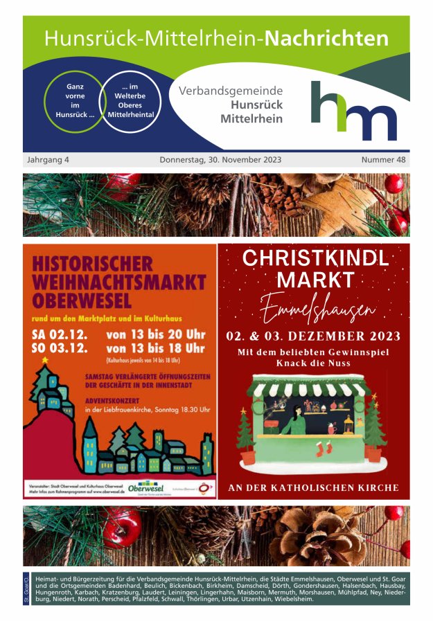 Hunsrück-Mittelrhein Nachrichten Ausgabe St Goar Oberwesel Titelblatt 48/2023