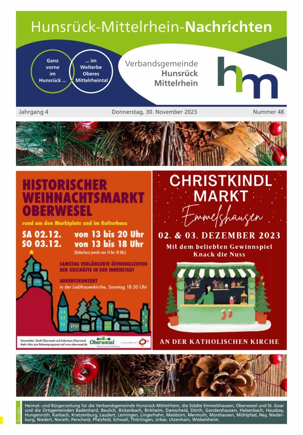 Hunsrück-Mittelrhein Nachrichten Ausgabe Emmelshausen Titelblatt 48/2023