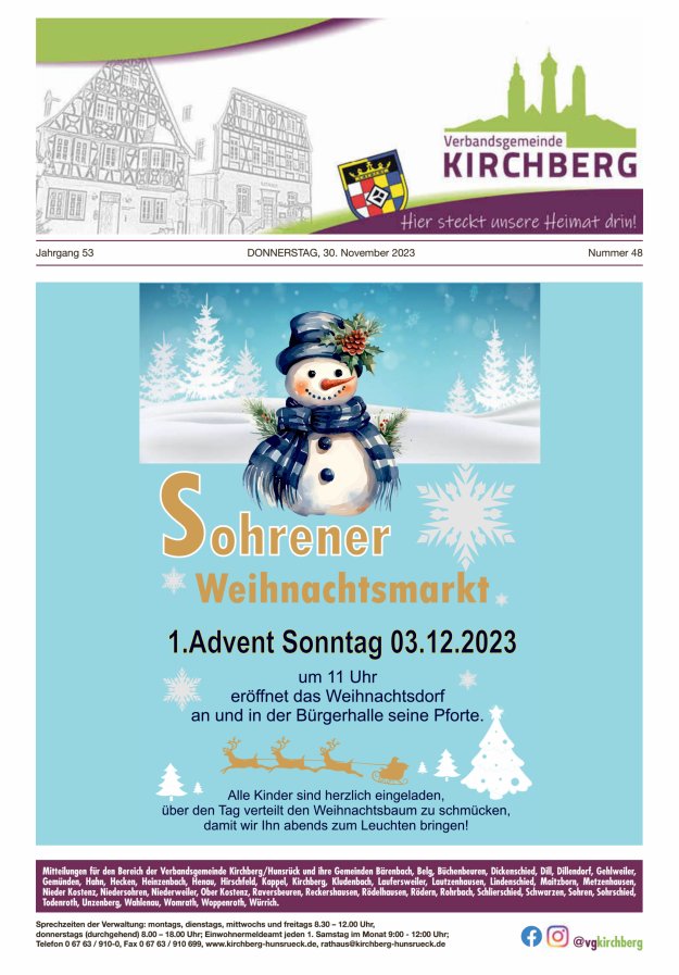 Mitteilungen der Verbandsgemeinde Kirchberg Hunsrück Titelblatt 48/2023