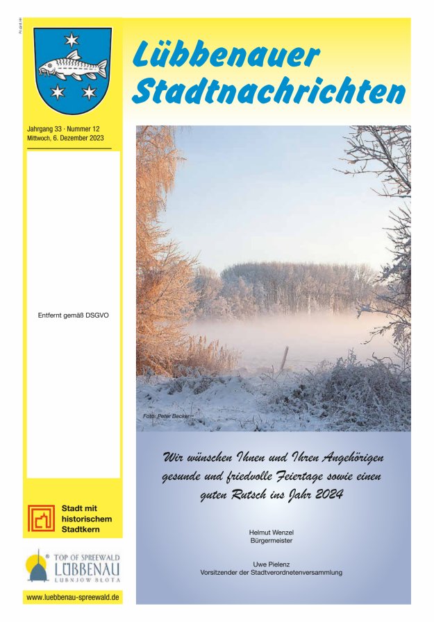 Lübbenauer Stadtnachrichten – Amtsblatt für die Stadt Lübbenau/Spreewald Titelblatt 12/2023