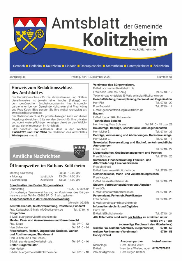 Amtsblatt der Gemeinde Kolitzheim Titelblatt 48/2023