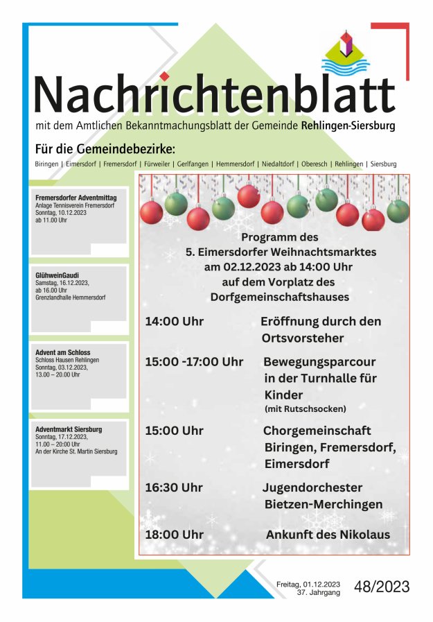 Nachrichtenblatt Rehlingen-Siersburg Titelblatt 48/2023