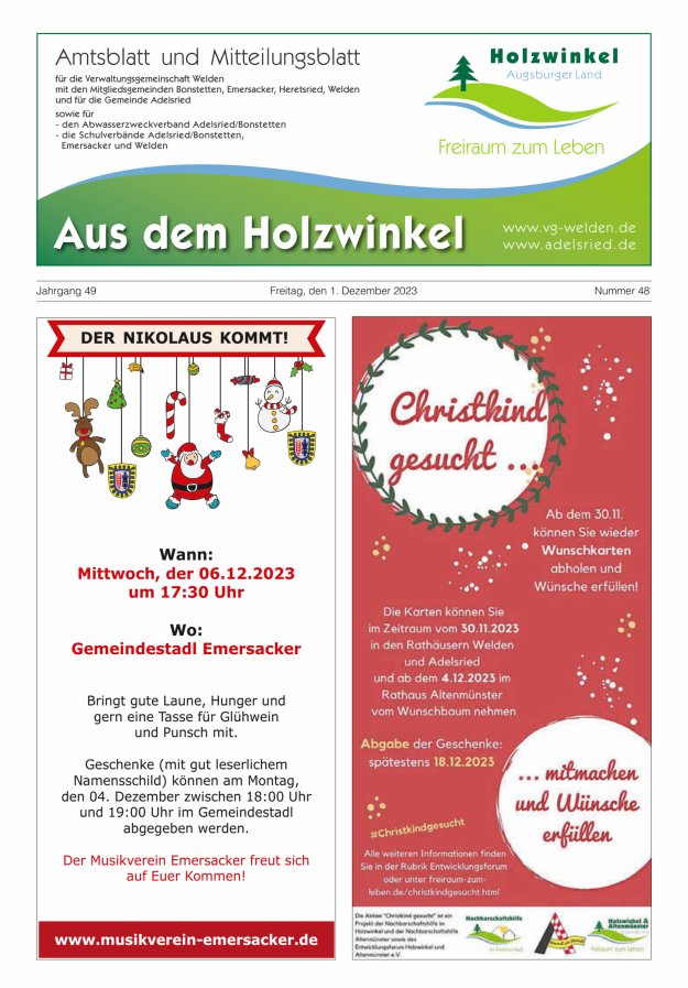 Aus dem Holzwinkel Amtsblatt u Mitteilungsblatt f VG Welden u GemAdelsried Titelblatt 48/2023
