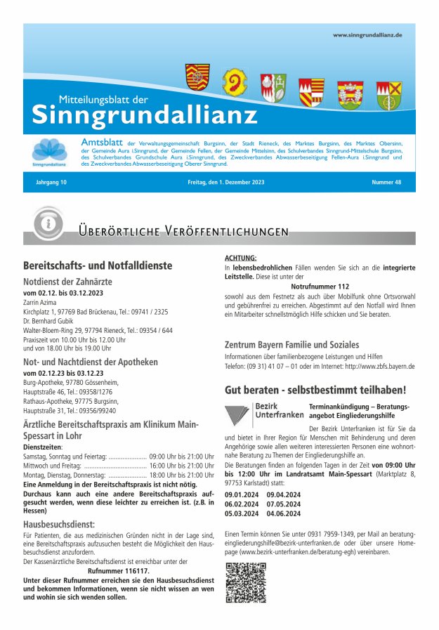 Mitteilungsblatt der Sinngrundallianz Titelblatt 48/2023