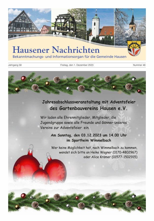 Hausener Nachrichten Titelblatt 48/2023