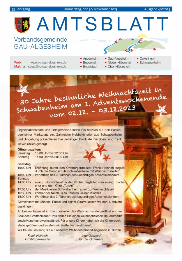 Amtsblatt der VG Gau-Algesheim Titelblatt 48/2023