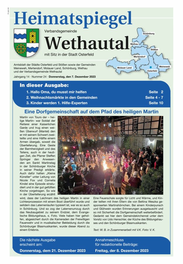 Heimatspiegel Verbandsgemeinde Wethautal mit Sitz in der Stadt Osterfeld Titelblatt 24/2023