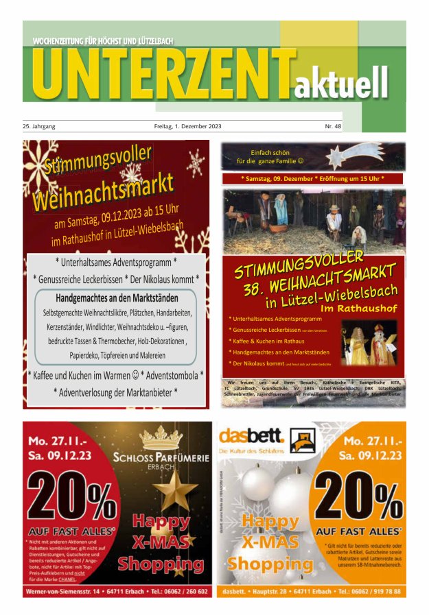 Unterzent aktuell Wochenzeitung für Höchst und Lützelbach Titelblatt 48/2023