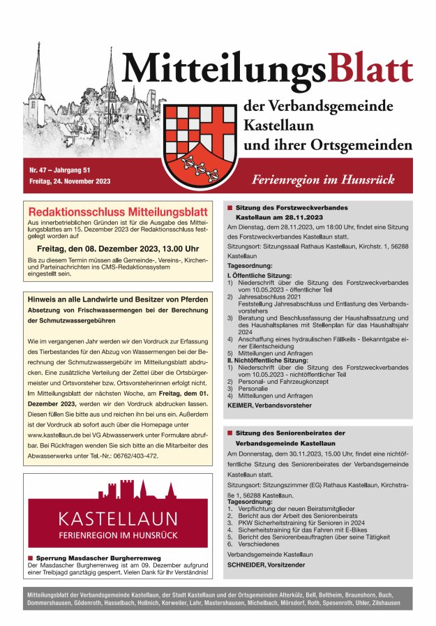 Mitteilungsblatt Kastellaun Titelblatt 47/2023