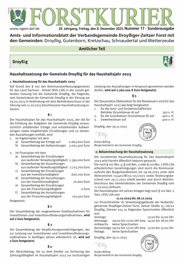 Forstkurier Amts- u. Informationsblatt VG Droyßiger-Zeitzer Forst Titelblatt 17/2023