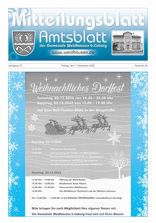 Mitteilungsblatt - Amtsblatt der Gemeinde Weidhausen b Coburg Titelblatt 48/2023