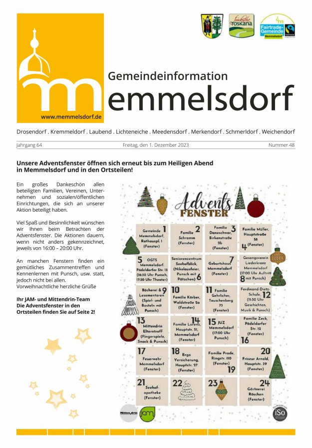 Mitteilungsblatt der Gemeinde Memmelsdorf Titelblatt 48/2023