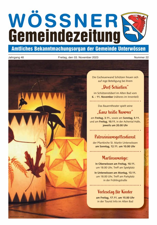 Wössner Gemeindezeitung Amtliches Bekanntmachungsorgan der Gemeinde Unterwössen Titelblatt 22/2023