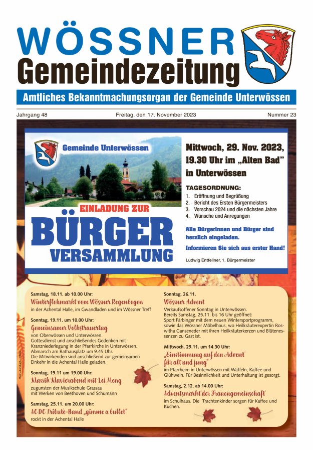 Wössner Gemeindezeitung Amtliches Bekanntmachungsorgan der Gemeinde Unterwössen Titelblatt 23/2023