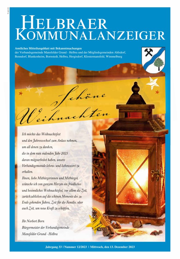 Helbraer Kommunalanzeiger – Amtliches Mitteilungsblatt mit Bekanntmachungen Titelblatt 12/2023
