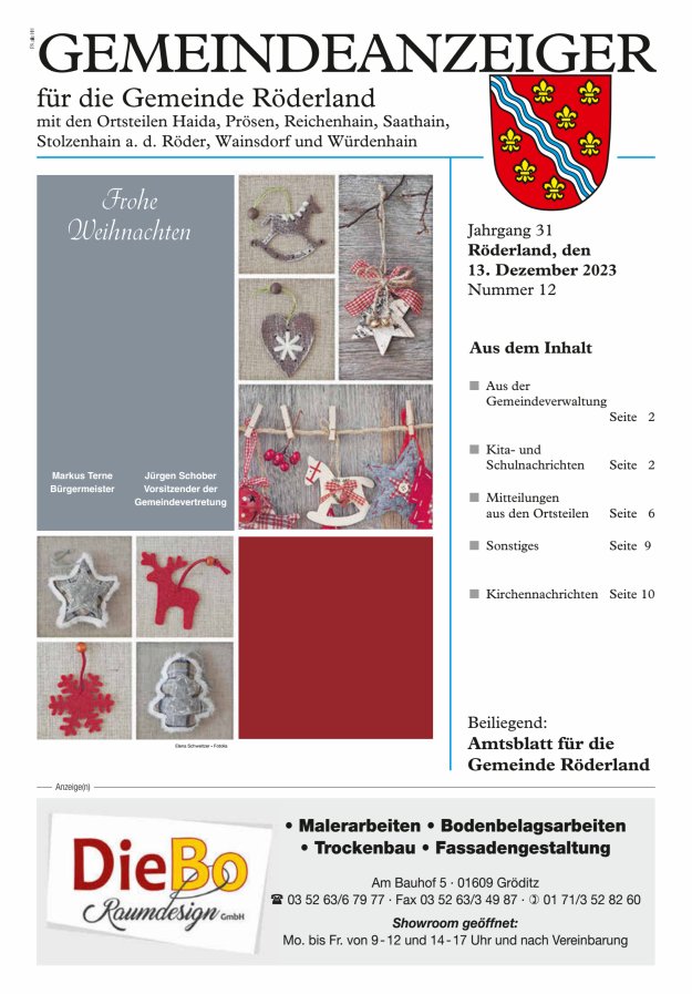 Gemeindeanzeiger - Amtsblatt für die Gemeinde Röderland Titelblatt 12/2023