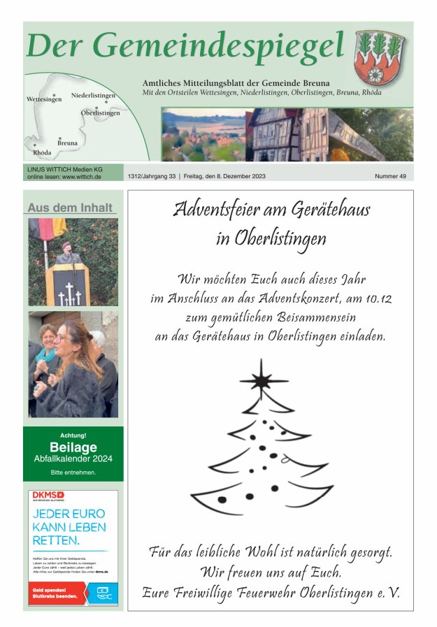 Der Gemeindespiegel (Breuna) Titelblatt 49/2023