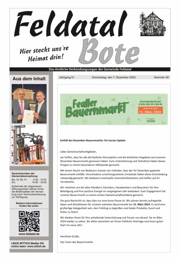 Das Amtliche Verkündungsorgan der Gemeinde Feldatal Titelblatt 49/2023
