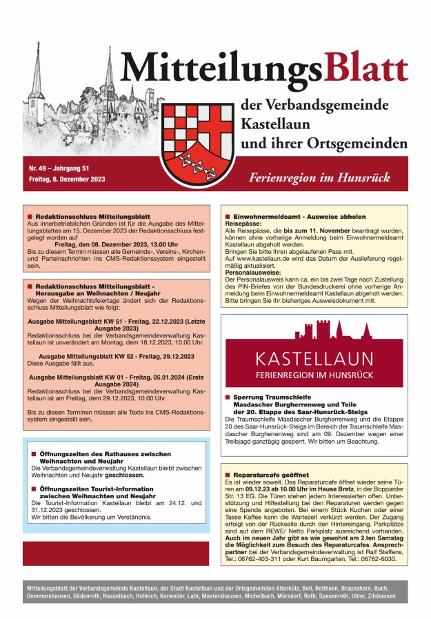 Mitteilungsblatt Kastellaun Titelblatt 49/2023