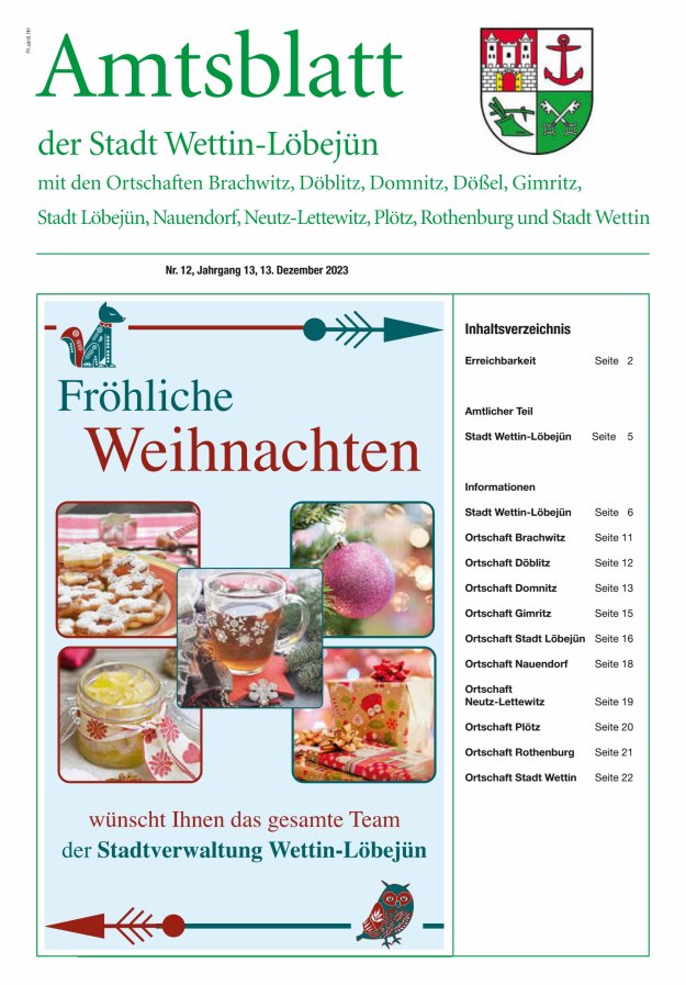 Amtsblatt der Stadt Wettin-Löbejün mit den Ortsteilen Titelblatt 12/2023