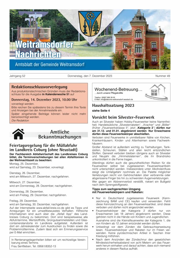 Weitramsdorfer Nachrichten Titelblatt 49/2023