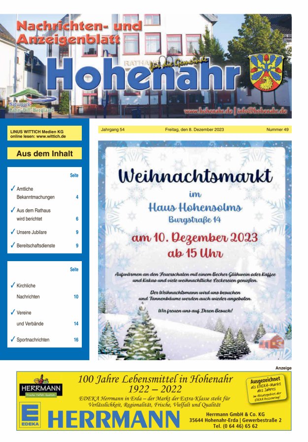 Nachrichten- und Anzeigenblatt für die Gemeinde Hohenahr Titelblatt 49/2023