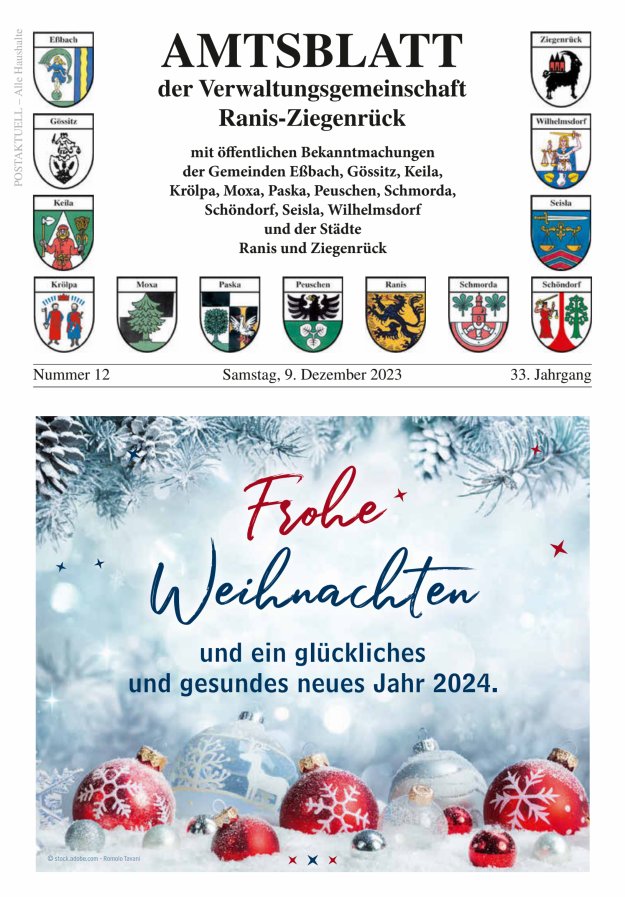 Amtsblatt der Verwaltungsgemeinschaft Ranis-Ziegenrück Titelblatt 12/2023