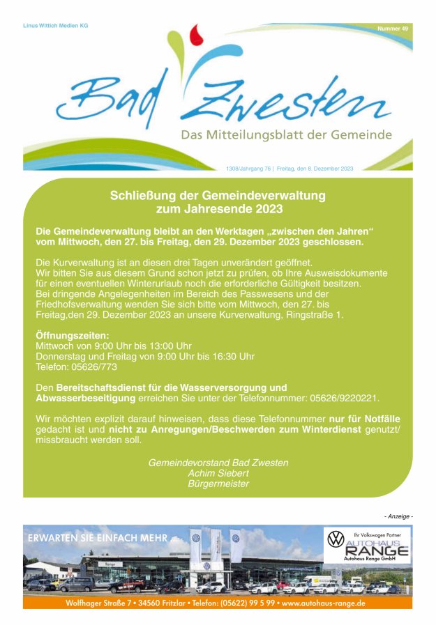 Heimatzeitung Bad Zwesten Titelblatt 49/2023