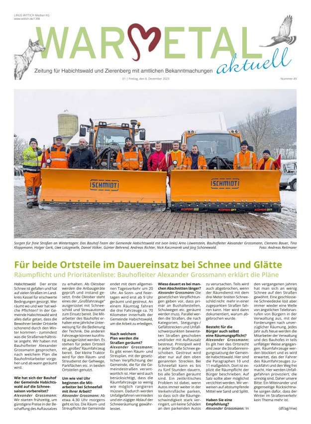 Warmetal aktuell (Habichtswald + Zierenberg) Titelblatt 49/2023